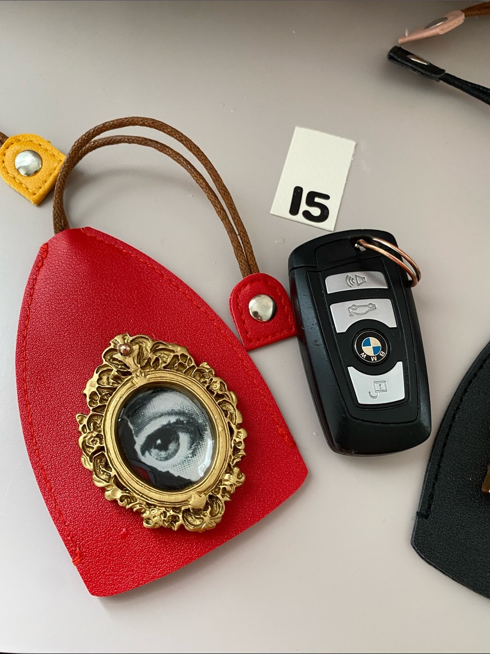 Red Leather Key & Card Holder with Ornate Gold Frame Accent